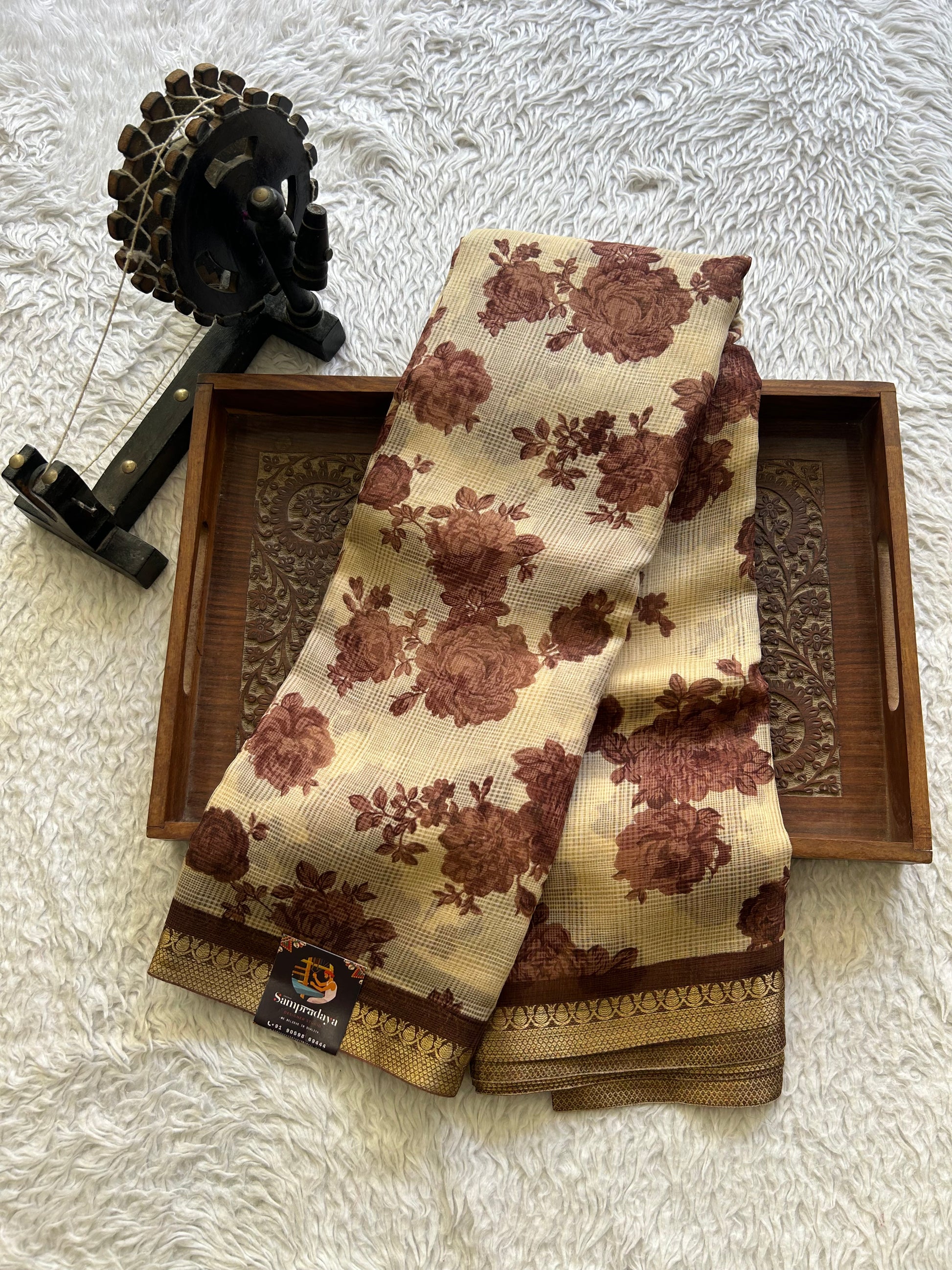 Cream Pure Cotton Kota Doria Saree | Airy Handloom Summer Drape - Sampradaya Designer Studio