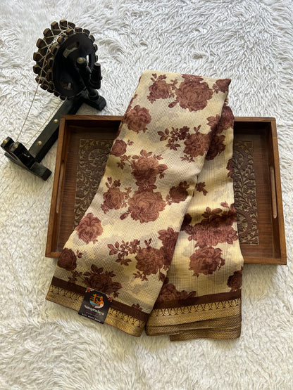 Cream Pure Cotton Kota Doria Saree | Airy Handloom Summer Drape