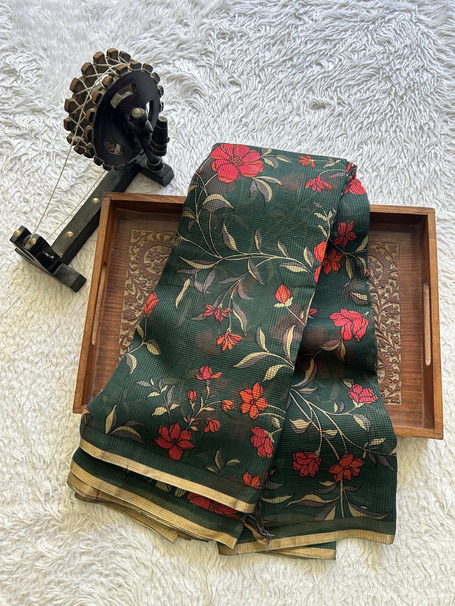 Green Pure Cotton Kota Doria Saree | Airy Handloom Summer Drape - Sampradaya Designer Studio