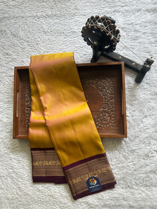 Pure Kanjivaram Silk Saree Mustard Yellow Colored Complemented with Purple Colored Border with a Gold Zari Weaving.. - Sampradaya Designer Studio