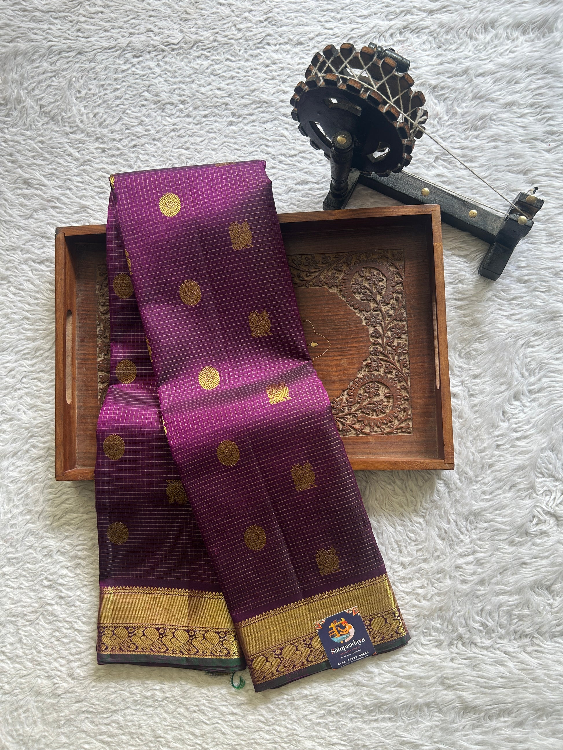 Pure Kanjivaram Silk Saree Purple Colored Complemented with a Gold Zari  Border. - Sampradaya Designer Studio