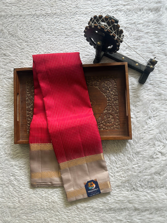 Pure Kanjivaram Silk Saree Red Colored Complemented with Beige Color Gap Border with a Gold Zari Weaving. - Sampradaya Designer Studio