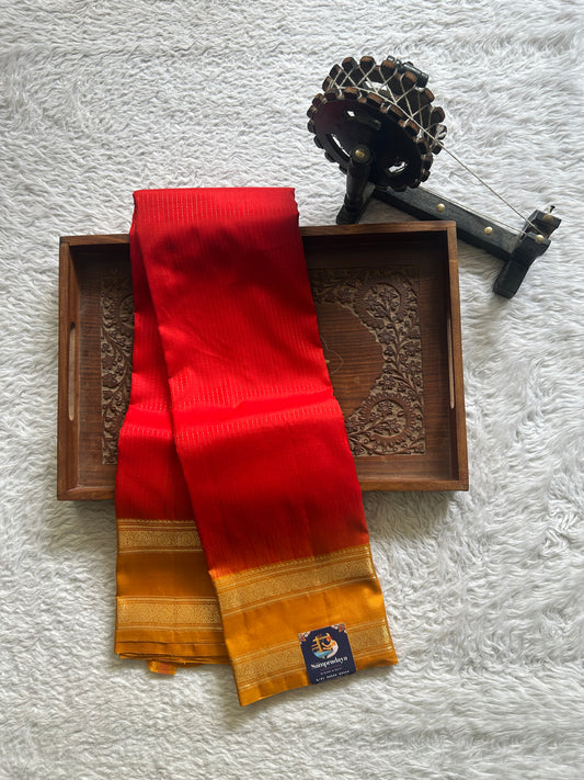 Pure Kanjivaram Silk Saree Dark Orange Colored Complemented with Yellow Color Gap Border with a Gold Zari Weaving. - Sampradaya Designer Studio