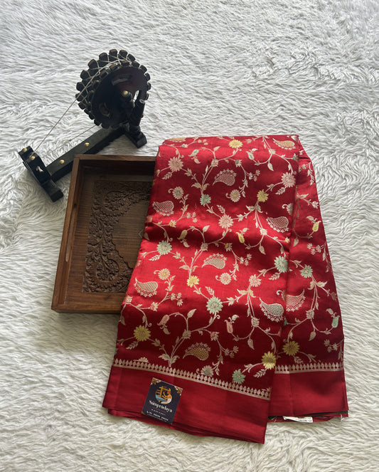 Dupion Silk Saree Red Colored Complemented with a Zari Border. - Sampradaya Designer Studio