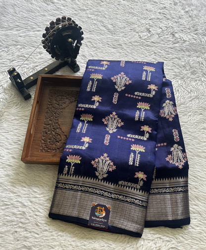Dupion Silk Saree Ink Blue Colored Complemented with a Zari Border. - Sampradaya Designer Studio