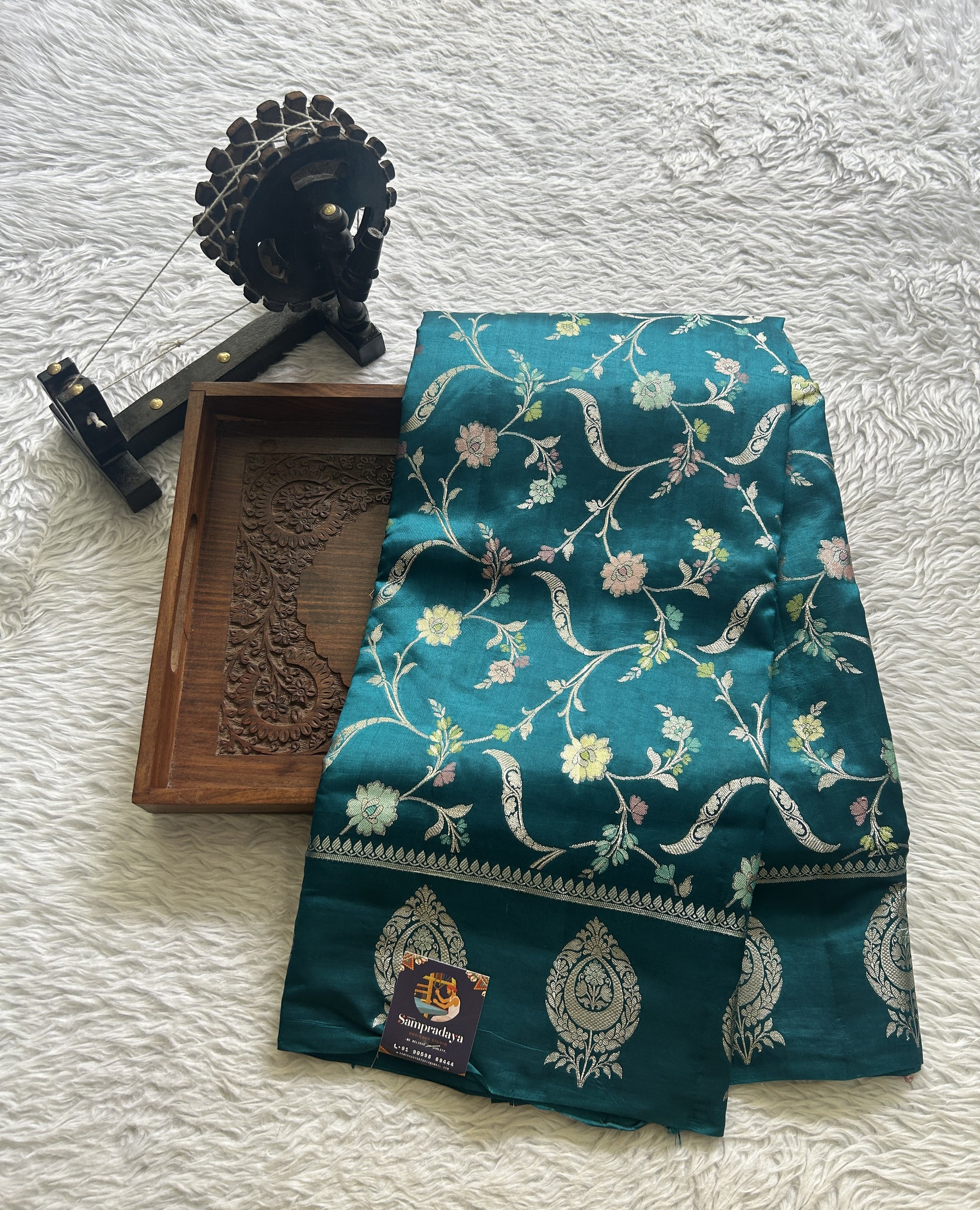 Dupion Silk Saree Teal Blue Colored Complemented with a Zari Border. - Sampradaya Designer Studio