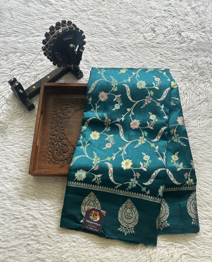 Dupion Silk Saree Teal Blue Colored Complemented with a Zari Border. - Sampradaya Designer Studio