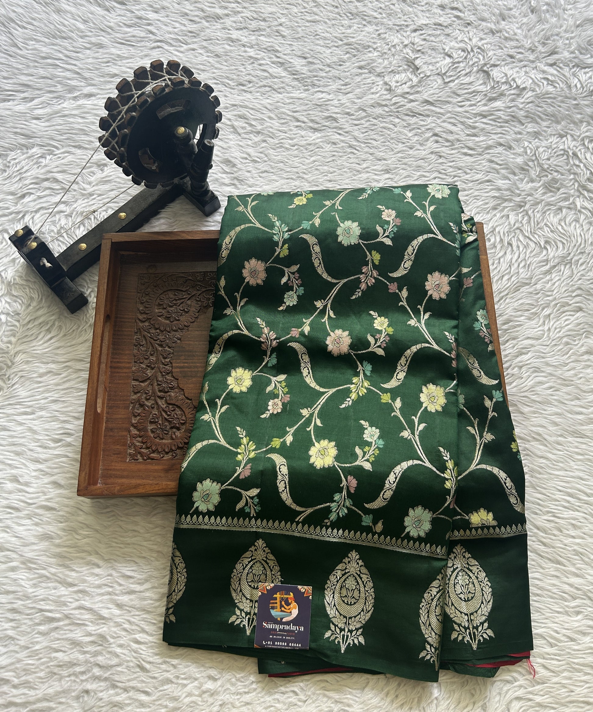 Dupion Silk Saree Dark Green Colored Complemented with a Zari Border. - Sampradaya Designer Studio