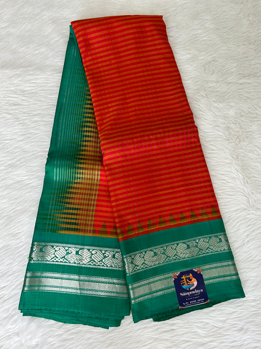 Gadwal Pattu Saree Orange Colored Saree Complemented With a Green Gap Border - Sampradaya Designer Studio