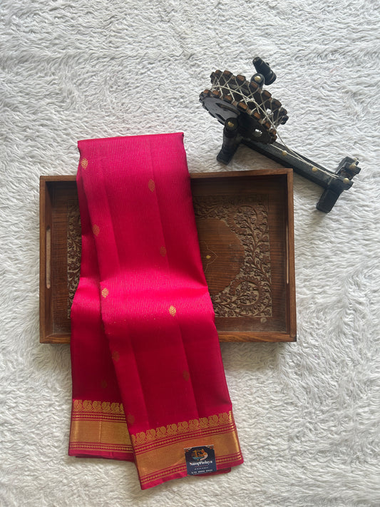 Pure Kanjivaram Silk Saree Pink Colored Complemented with a Gold Zari Gap Border. - Sampradaya Designer Studio