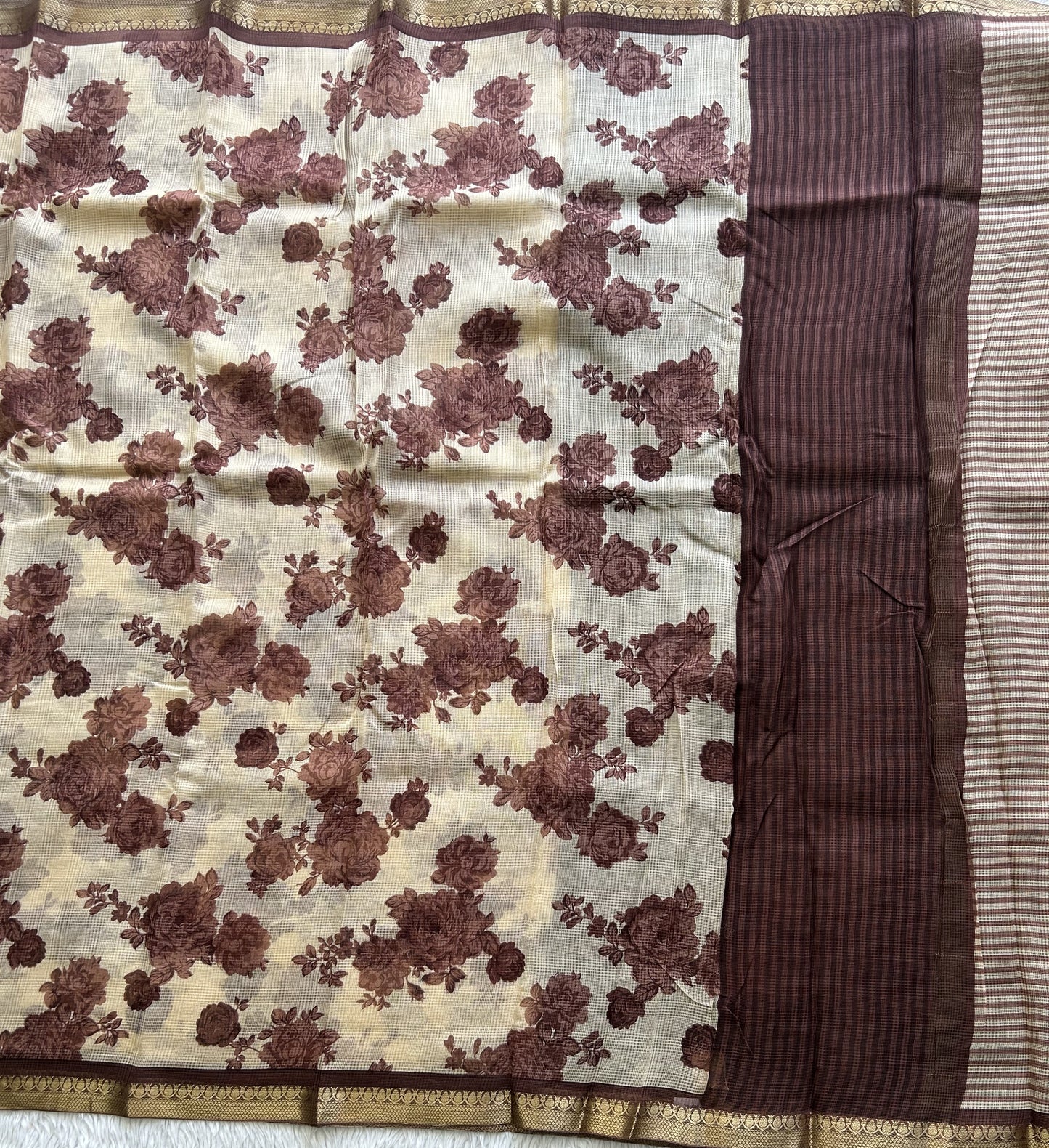 Cream Pure Cotton Kota Doria Saree | Airy Handloom Summer Drape