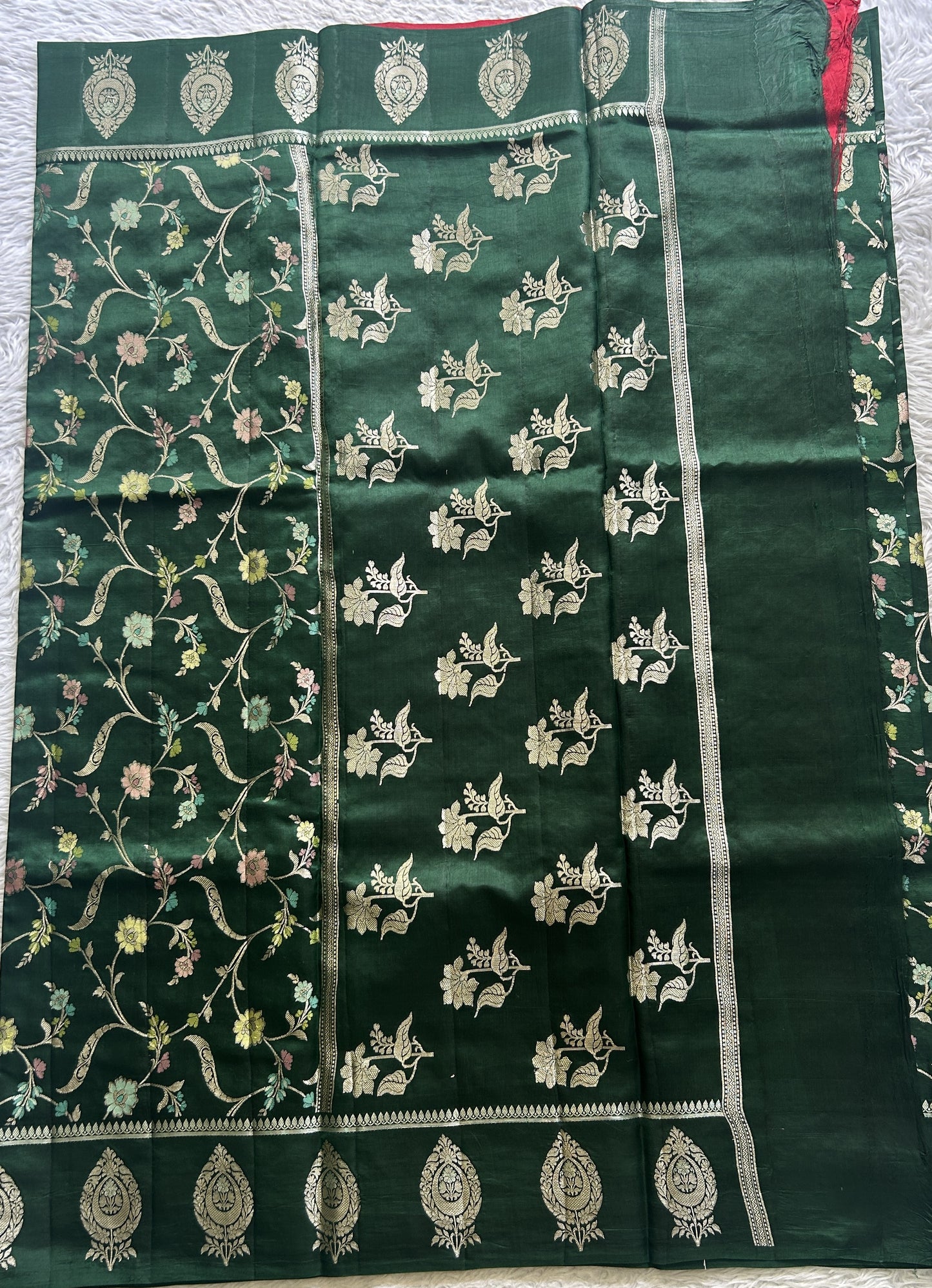 Dupion Silk Saree Dark Green Colored Complemented with a Zari Border. - Sampradaya Designer Studio
