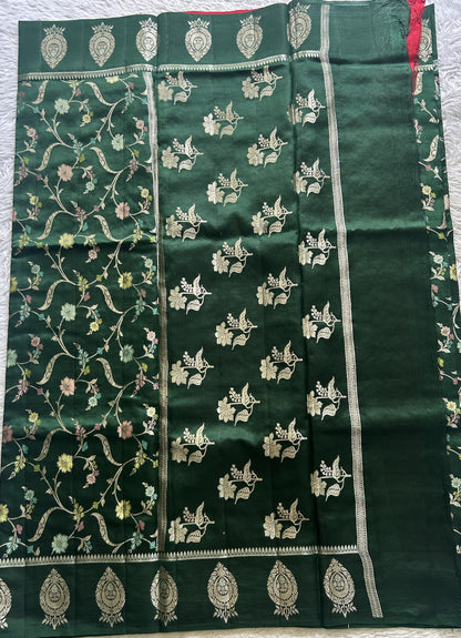 Dupion Silk Saree Dark Green Colored Complemented with a Zari Border. - Sampradaya Designer Studio
