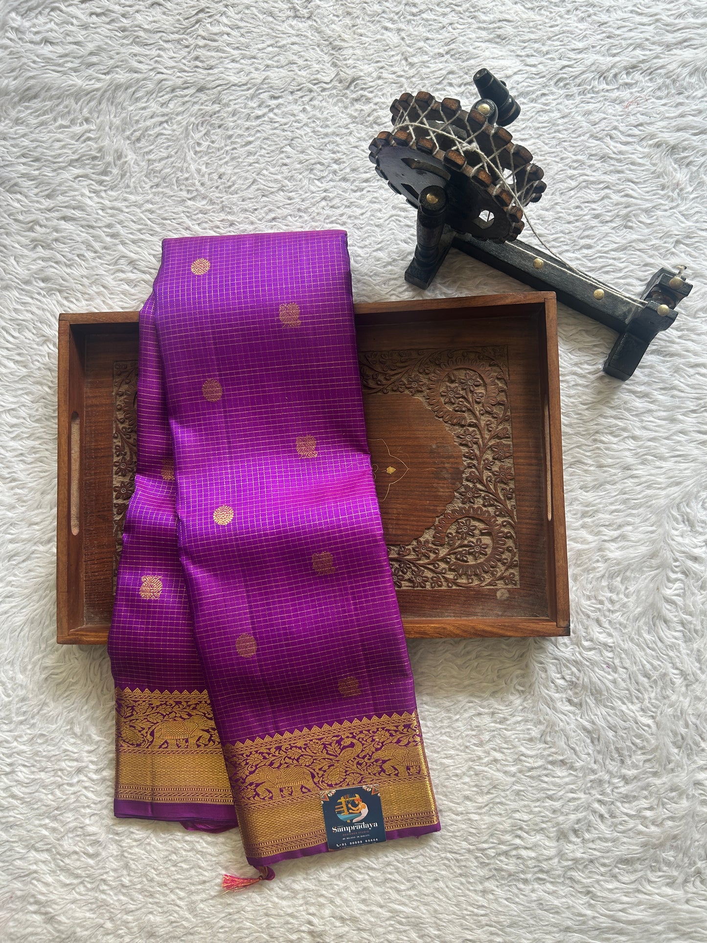 Pure Kanjivaram Silk Saree Purple Colored Complemented with a Gold Zari Gap Border. - Sampradaya Designer Studio