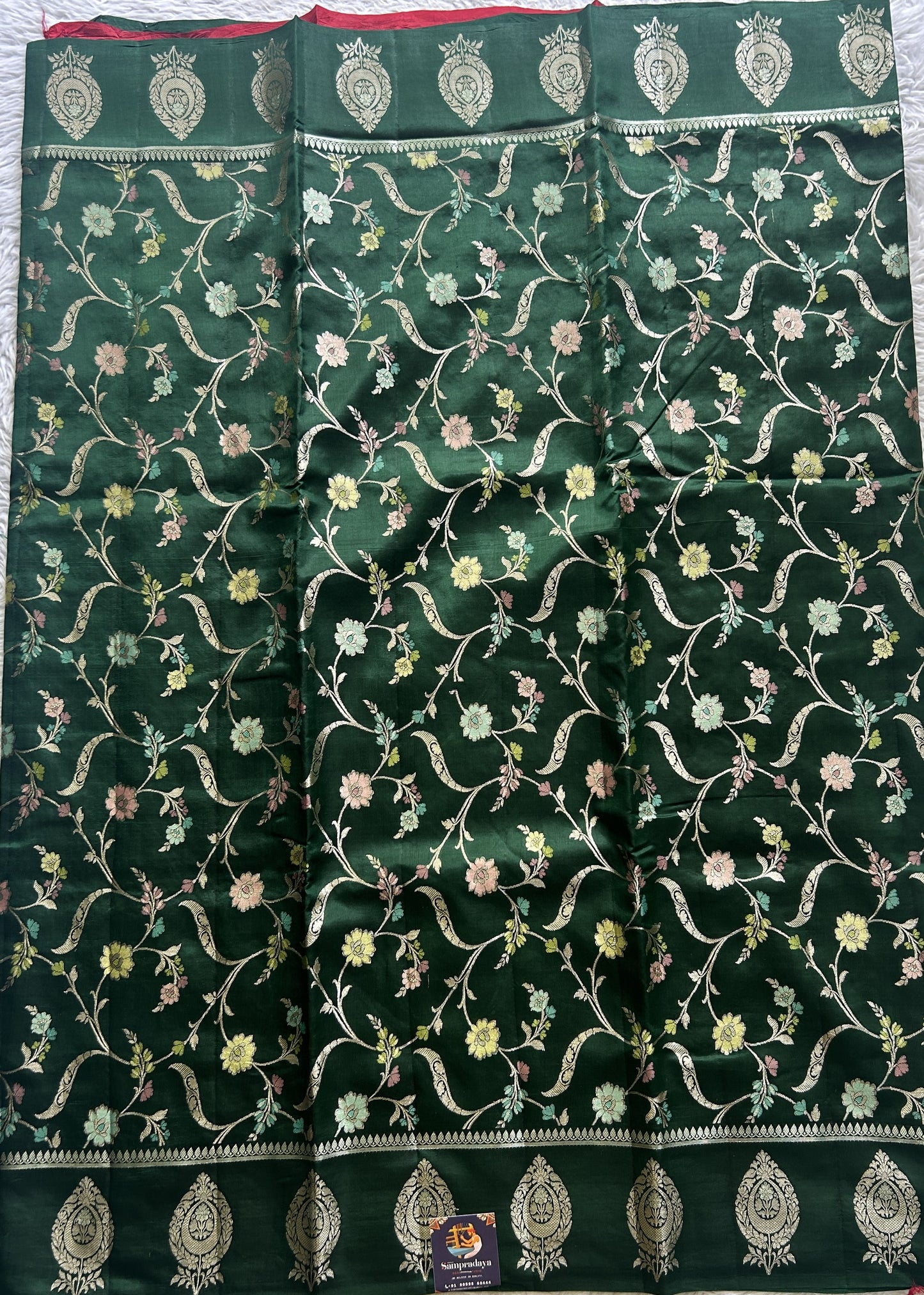 Dupion Silk Saree Dark Green Colored Complemented with a Zari Border. - Sampradaya Designer Studio