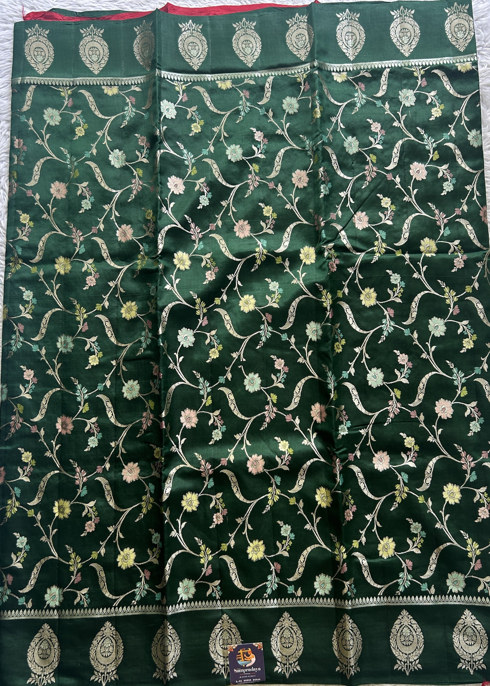 Dupion Silk Saree Dark Green Colored Complemented with a Zari Border. - Sampradaya Designer Studio
