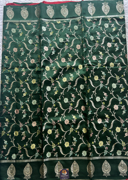 Dupion Silk Saree Dark Green Colored Complemented with a Zari Border. - Sampradaya Designer Studio