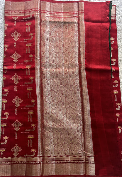 Dupion Silk Saree Red Colored Complemented with a Zari Border. - Sampradaya Designer Studio