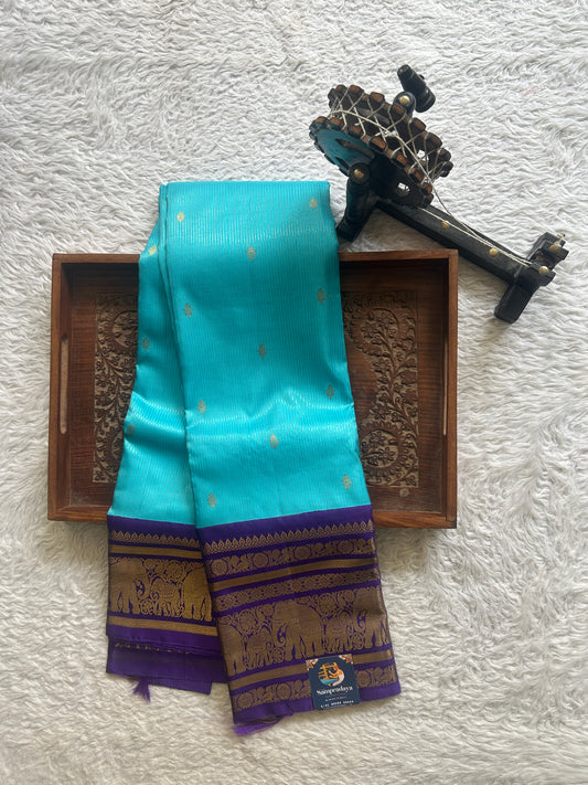 Pure Kanjivaram Silk Saree Sky Blue Colored Complemented with Voilet Color Border with a Gold Zari Weaving. - Sampradaya Designer Studio