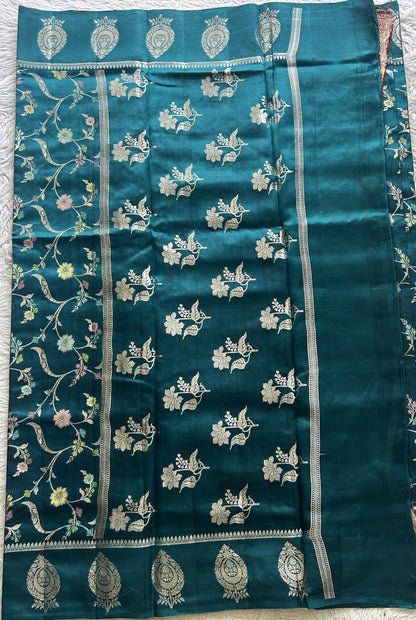 Dupion Silk Saree Teal Blue Colored Complemented with a Zari Border. - Sampradaya Designer Studio