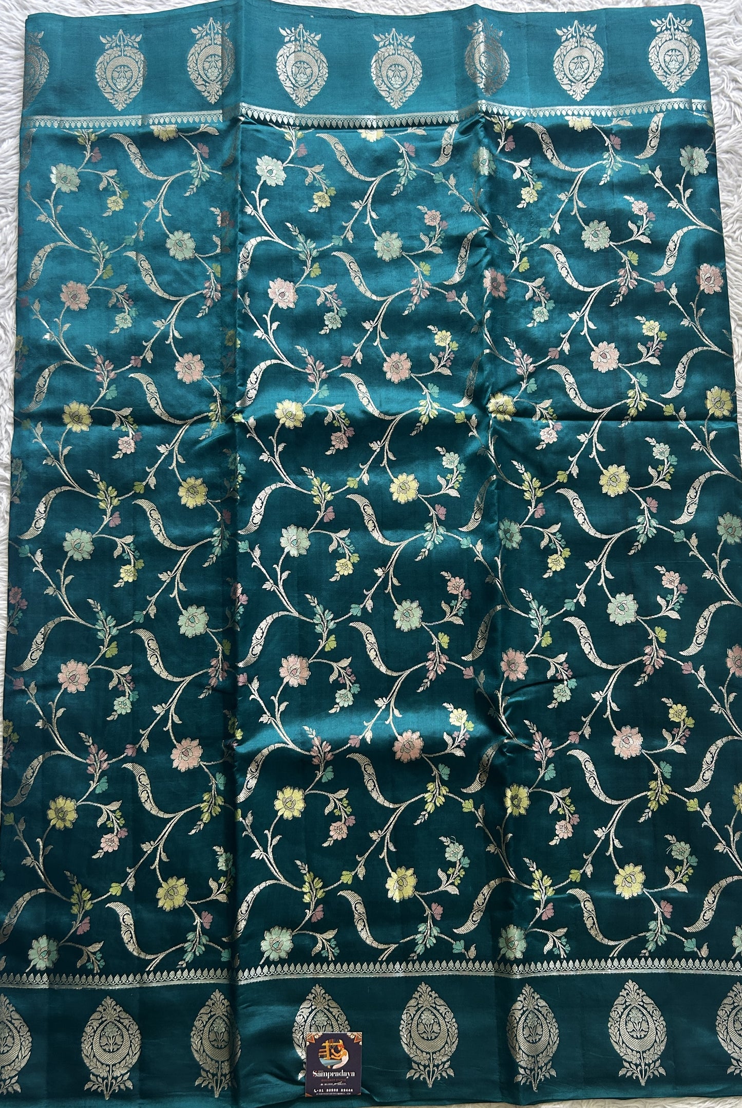 Dupion Silk Saree Teal Blue Colored Complemented with a Zari Border. - Sampradaya Designer Studio