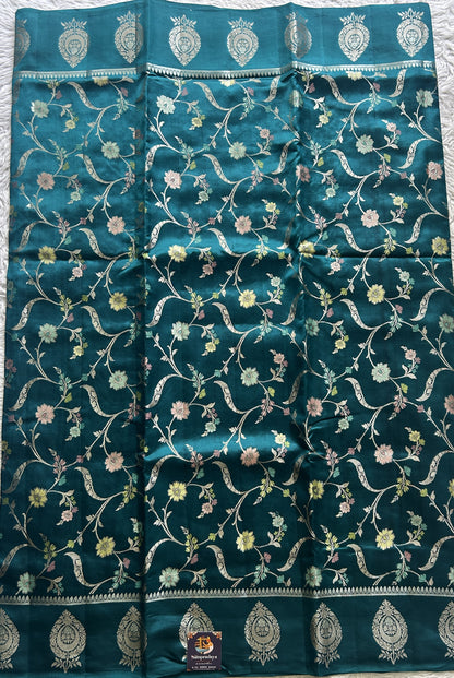 Dupion Silk Saree Teal Blue Colored Complemented with a Zari Border. - Sampradaya Designer Studio