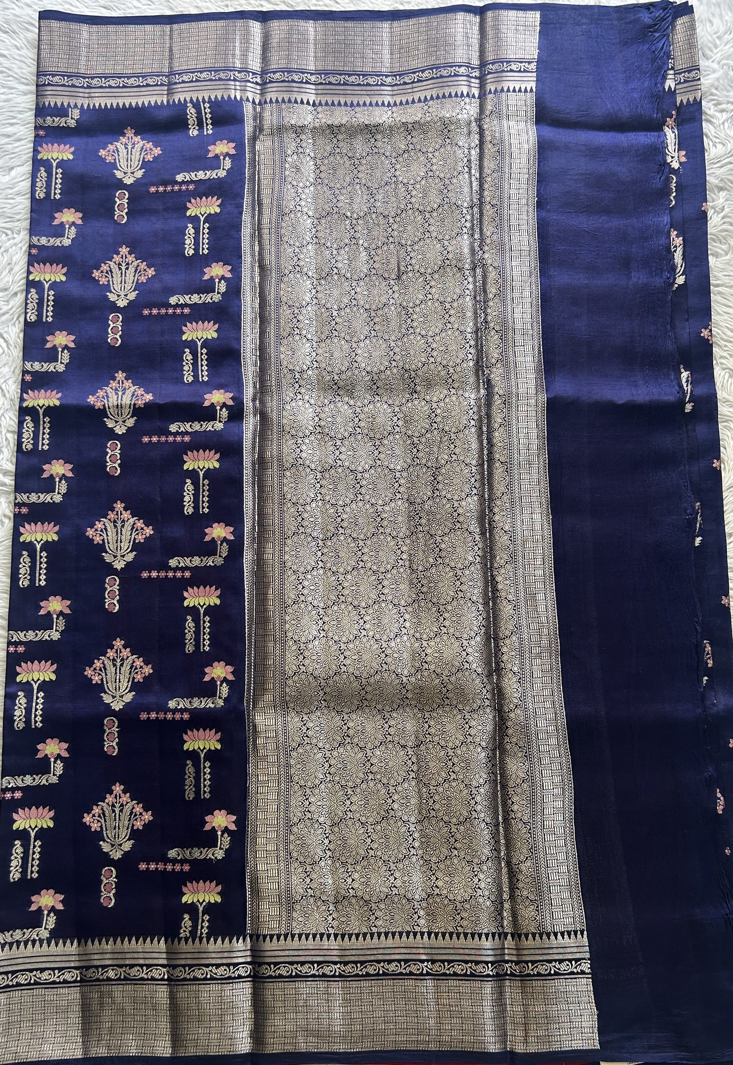 Dupion Silk Saree Ink Blue Colored Complemented with a Zari Border. - Sampradaya Designer Studio