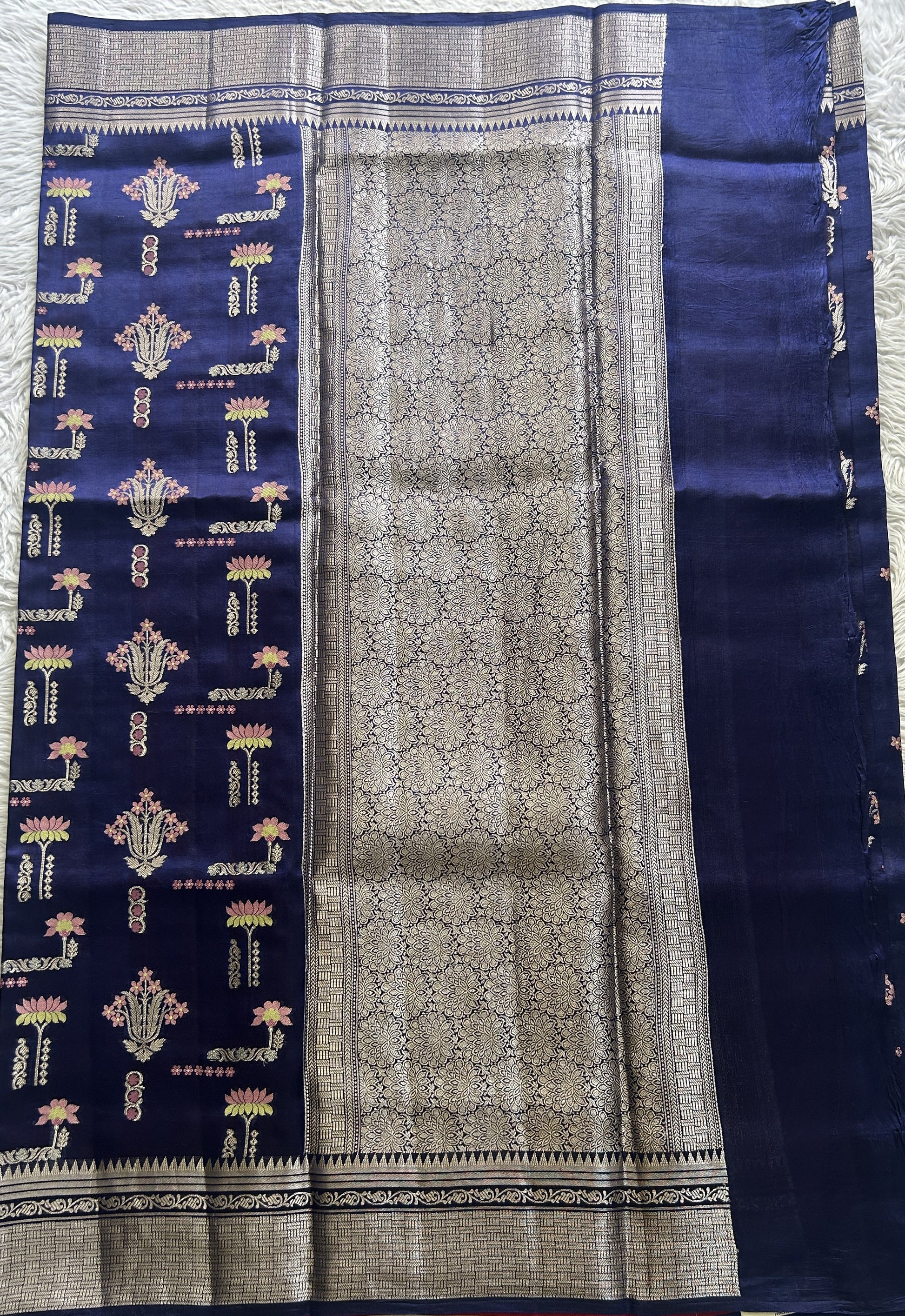 Dupion Silk Saree Ink Blue Colored Complemented with a Zari Border. - Sampradaya Designer Studio
