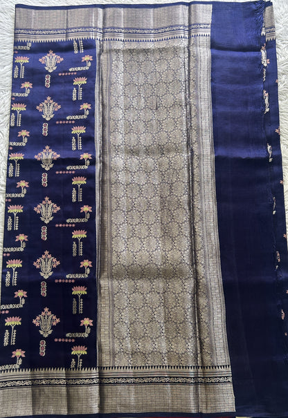 Dupion Silk Saree Ink Blue Colored Complemented with a Zari Border. - Sampradaya Designer Studio