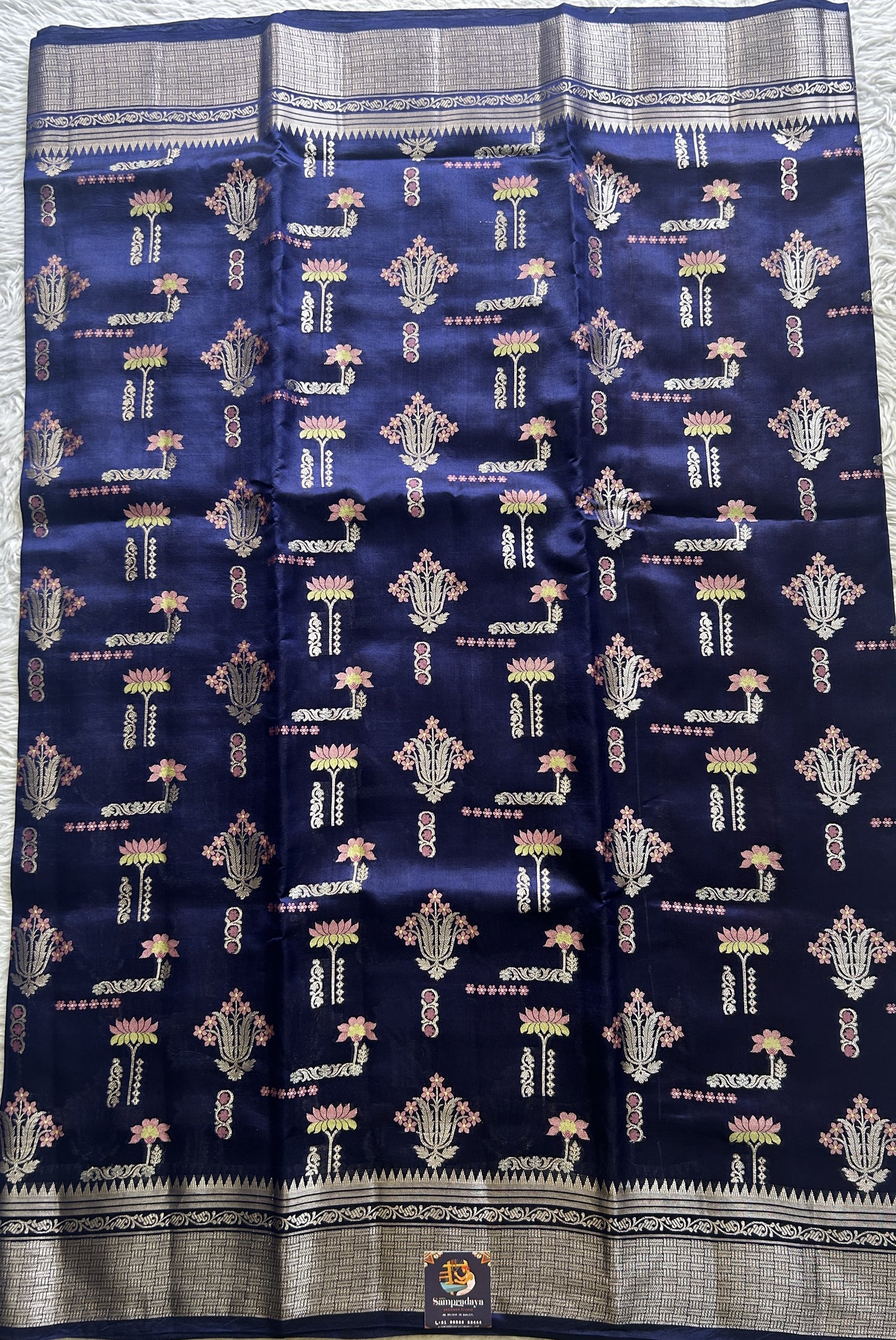 Dupion Silk Saree Ink Blue Colored Complemented with a Zari Border. - Sampradaya Designer Studio