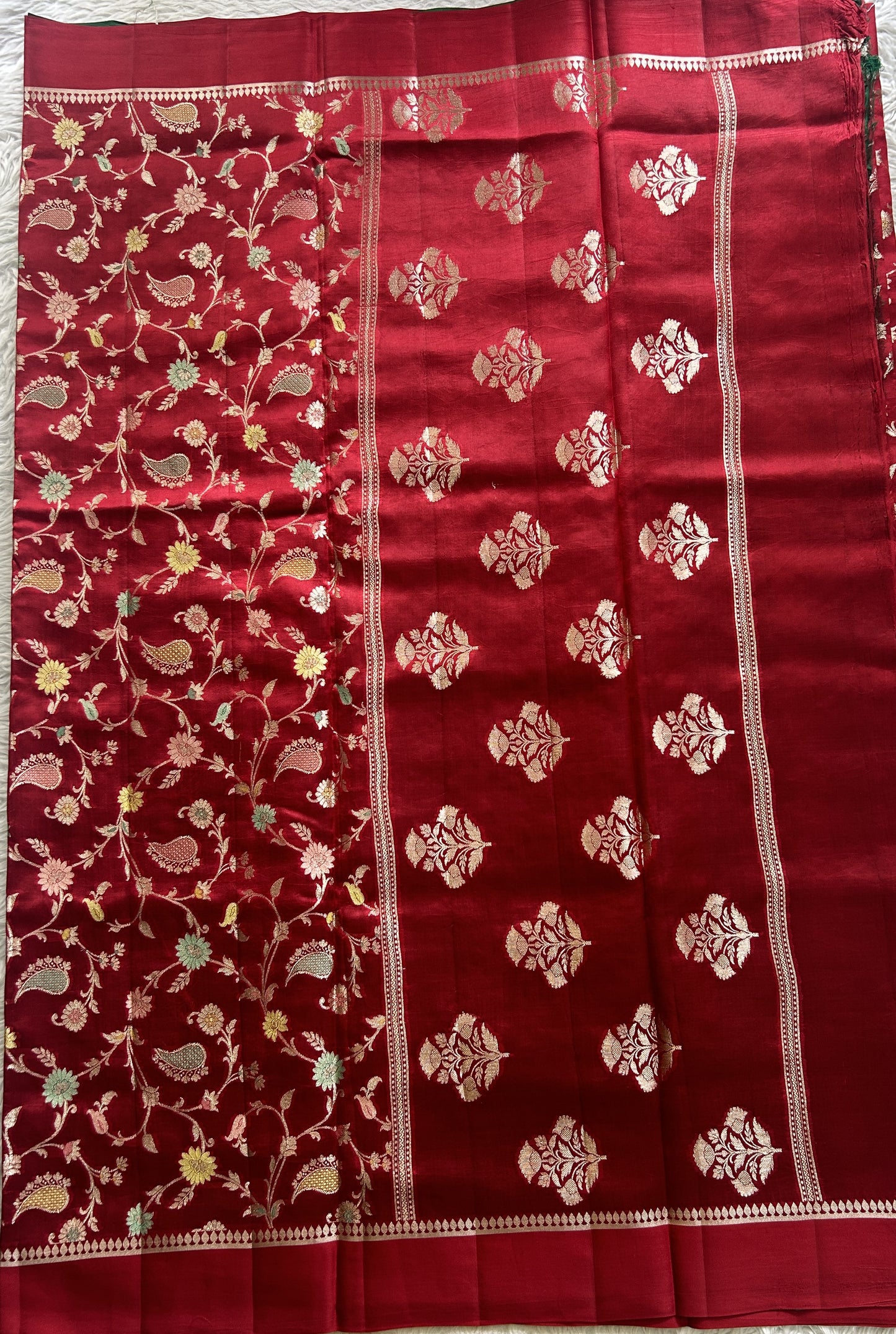Dupion Silk Saree Red Colored Complemented with a Zari Border. - Sampradaya Designer Studio