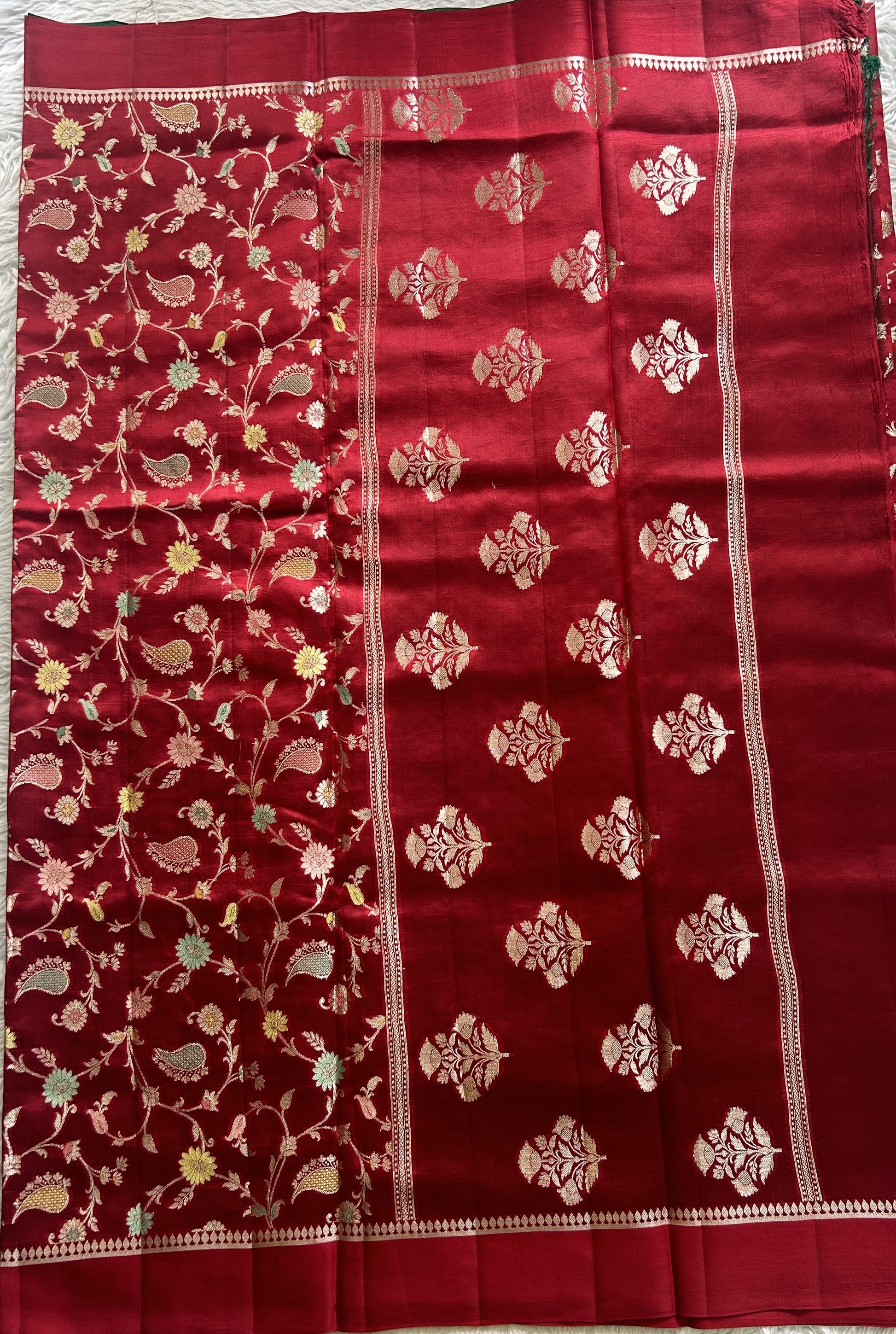 Dupion Silk Saree Red Colored Complemented with a Zari Border. - Sampradaya Designer Studio