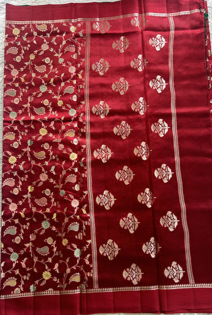 Dupion Silk Saree Red Colored Complemented with a Zari Border. - Sampradaya Designer Studio