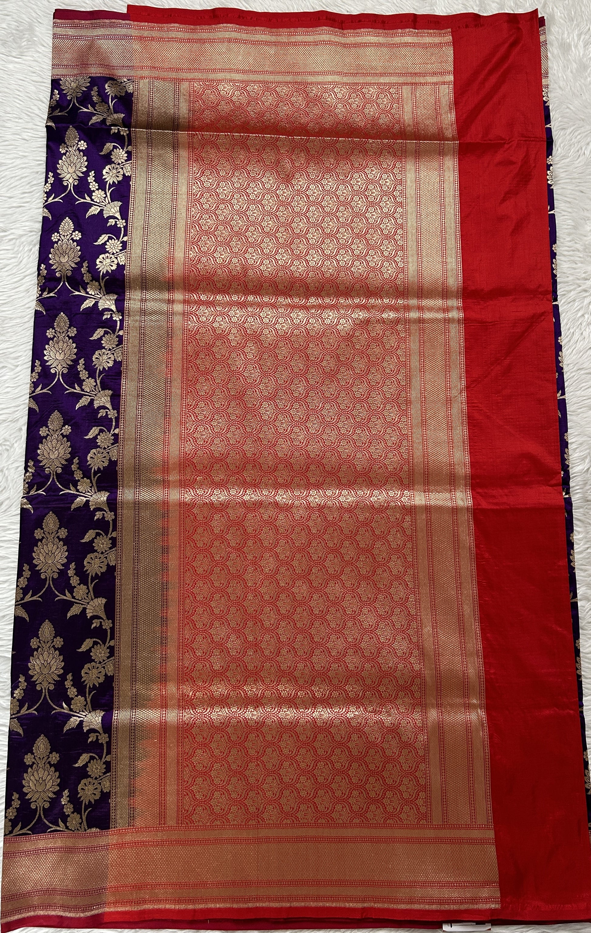Banarasi Katan Silk Saree Violet Colored Complemented with a Gold Zari border. - Sampradaya Designer Studio