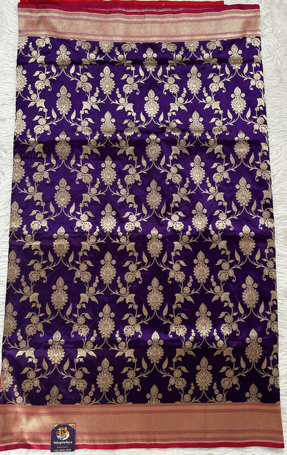 Banarasi Katan Silk Saree Violet Colored Complemented with a Gold Zari border. - Sampradaya Designer Studio