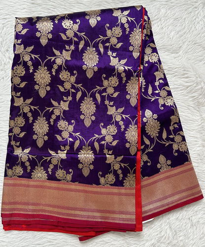 Banarasi Katan Silk Saree Violet Colored Complemented with a Gold Zari border. - Sampradaya Designer Studio