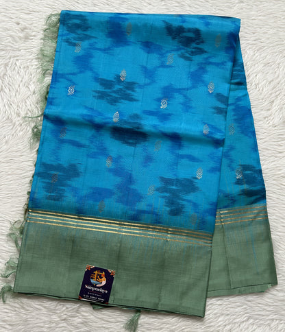 Kanjivaram Festive Soft Silk Saree Blue colored complemented with a Olive Green Colored Plain border. - Sampradaya Designer Studio