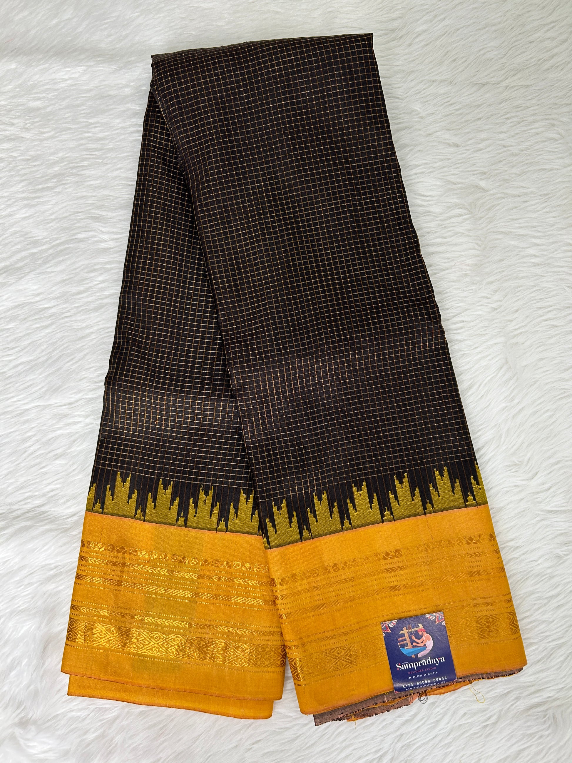 Gadwal Pattu Saree Brown Colored Complemented With a Mustard Yellow Gap Border - Sampradaya Designer Studio