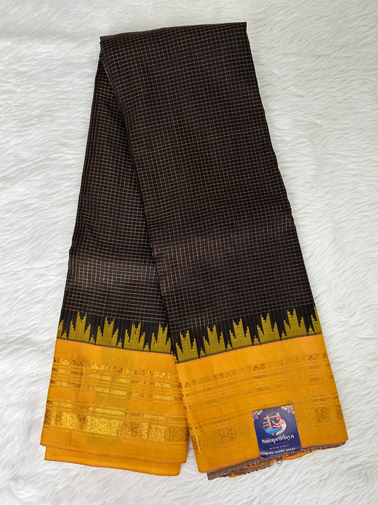 Gadwal Pattu Saree Brown Colored Complemented With a Mustard Yellow Gap Border - Sampradaya Designer Studio