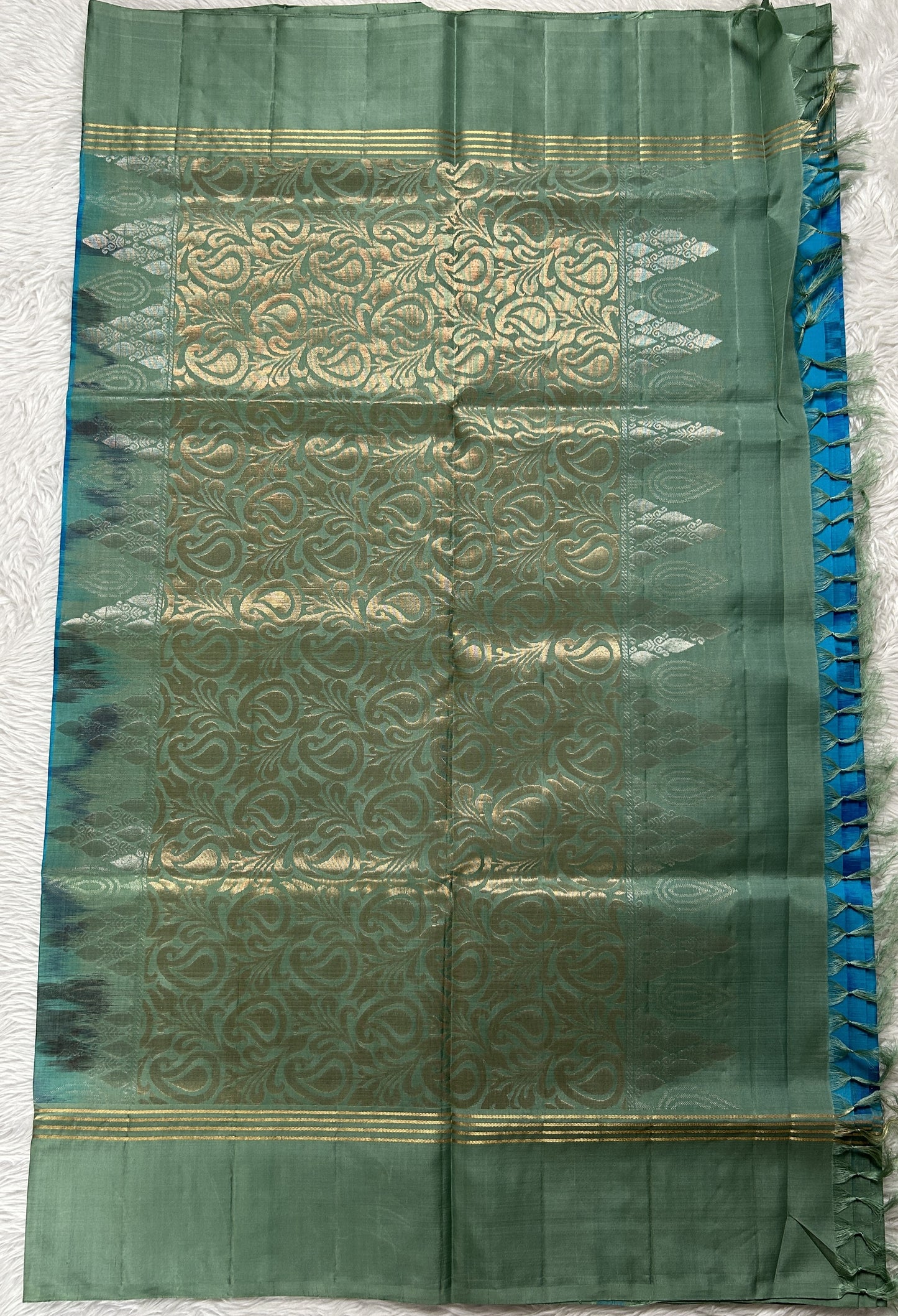Kanjivaram Festive Soft Silk Saree Blue colored complemented with a Olive Green Colored Plain border. - Sampradaya Designer Studio