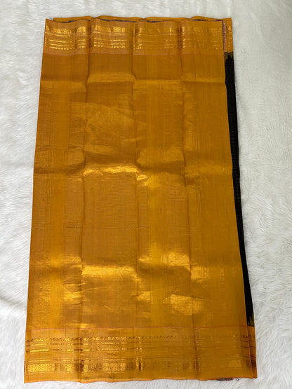 Gadwal Pattu Saree Brown Colored Complemented With a Mustard Yellow Gap Border - Sampradaya Designer Studio