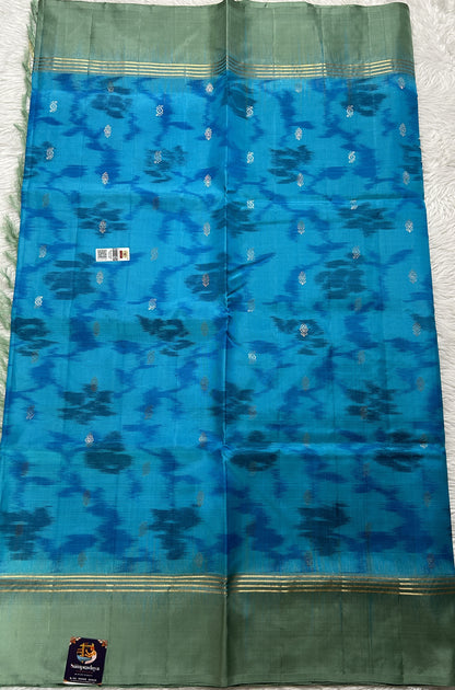 Kanjivaram Festive Soft Silk Saree Blue colored complemented with a Olive Green Colored Plain border. - Sampradaya Designer Studio