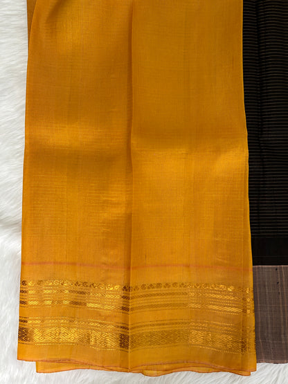 Gadwal Pattu Saree Brown Colored Complemented With a Mustard Yellow Gap Border - Sampradaya Designer Studio