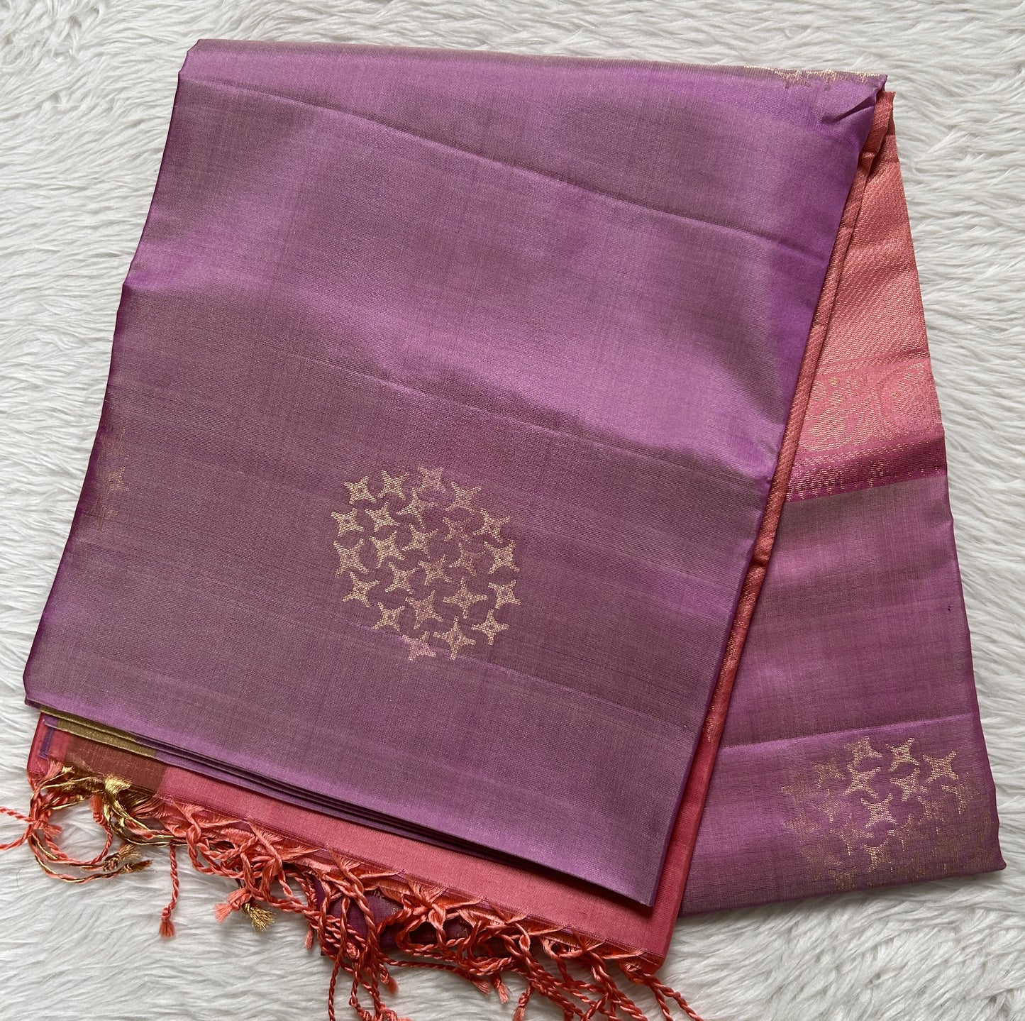 Kanjivaram Festive Soft Silk Saree Lavender colored complemented with a Gold zari border - Sampradaya Designer Studio