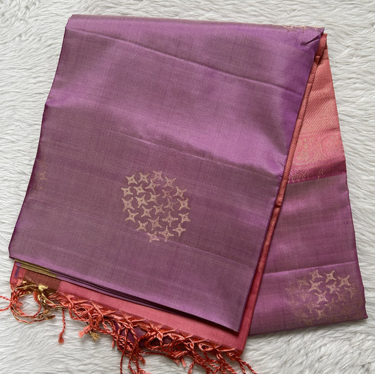 Kanjivaram Festive Soft Silk Saree Lavender colored complemented with a Gold zari border - Sampradaya Designer Studio