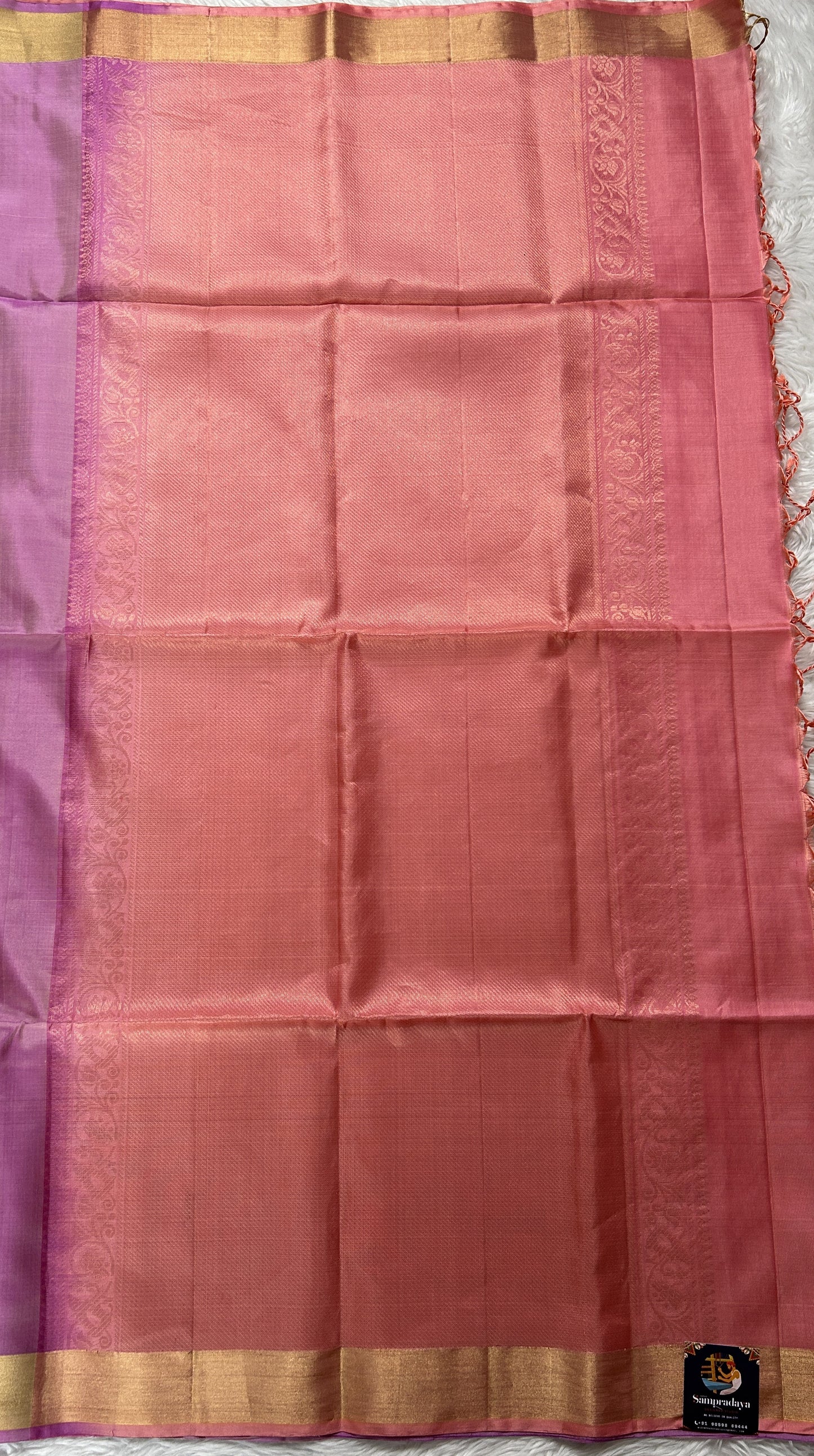 Kanjivaram Festive Soft Silk Saree Lavender colored complemented with a Gold zari border - Sampradaya Designer Studio