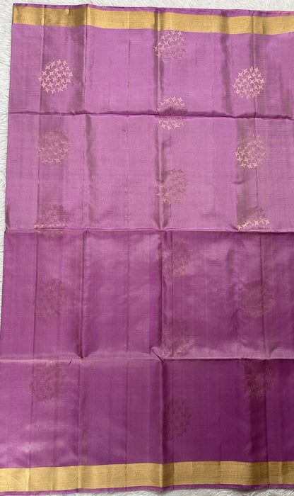 Kanjivaram Festive Soft Silk Saree Lavender colored complemented with a Gold zari border - Sampradaya Designer Studio