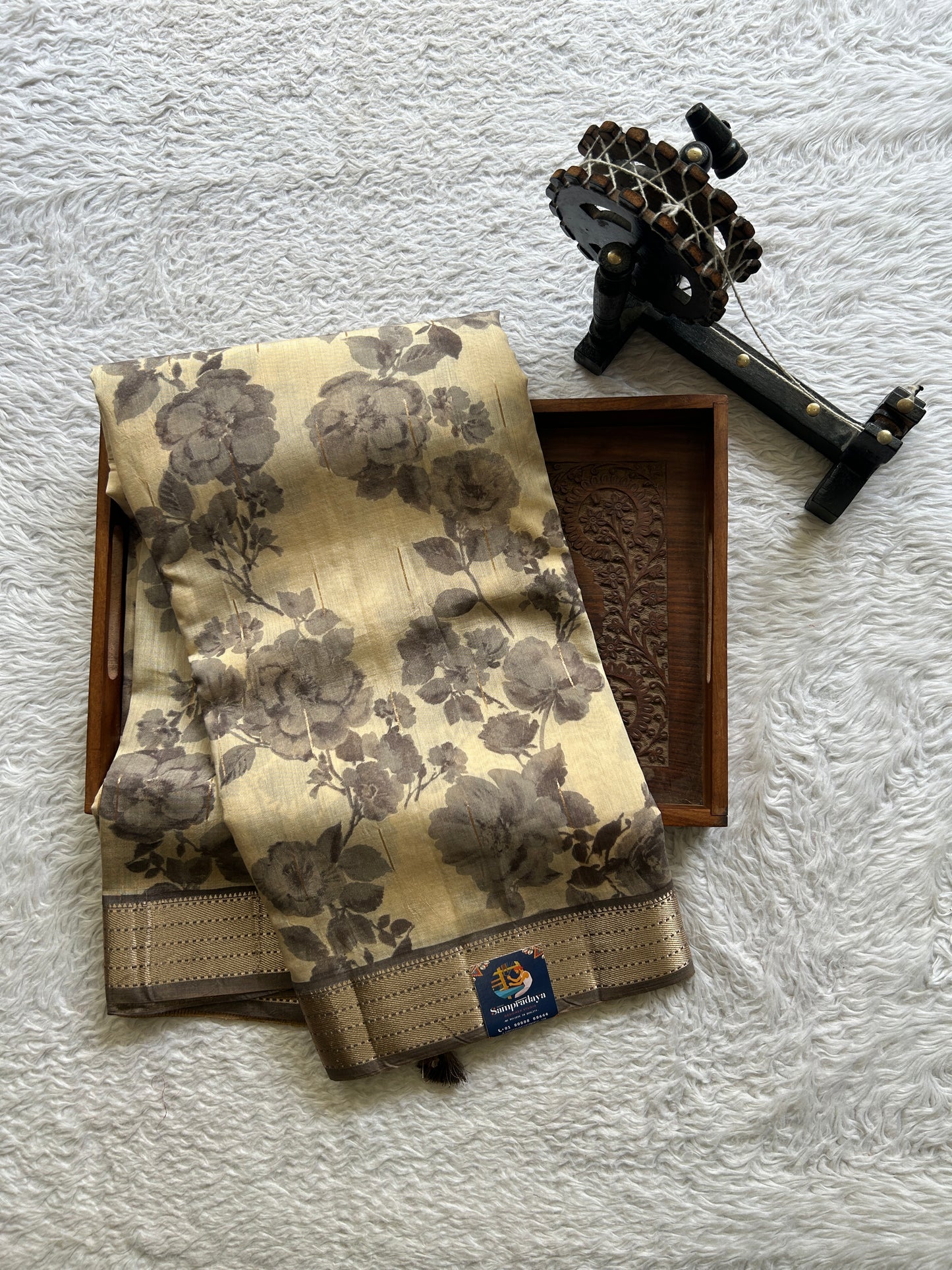 Dola Crepe Saree Beige Colored Elegantly Paired with a Gold Zari Border. - Sampradaya Designer Studio