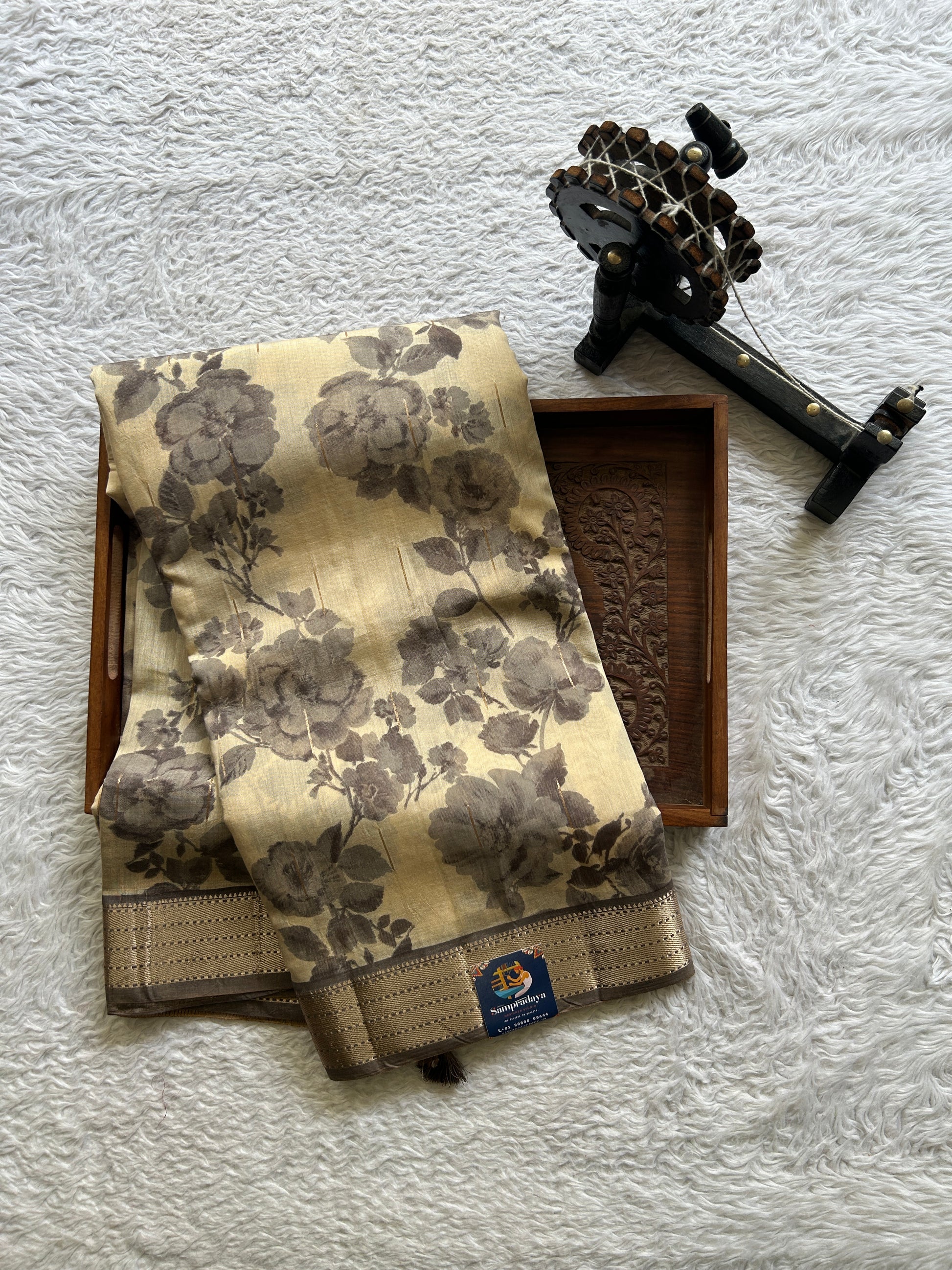 Dola Crepe Saree Beige Colored Elegantly Paired with a Gold Zari Border. - Sampradaya Designer Studio