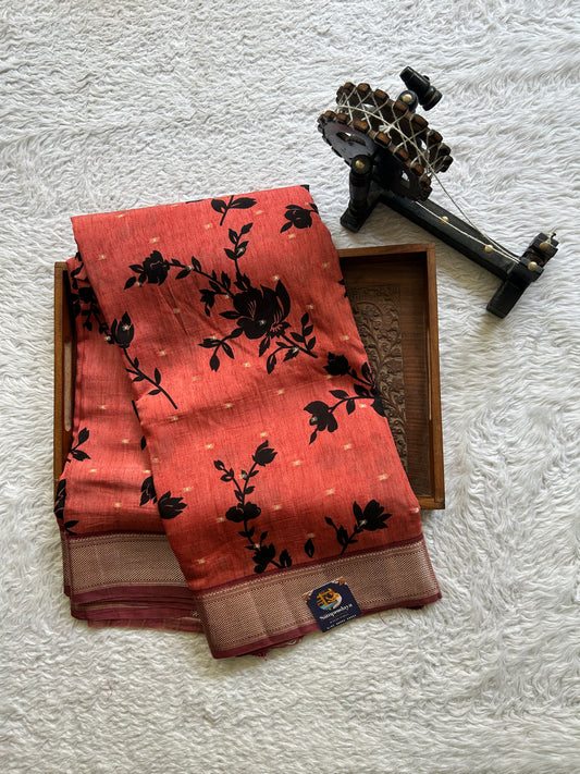 Dola Crepe Saree Brick Colored Elegantly Paired with a Zari Border. - Sampradaya Designer Studio